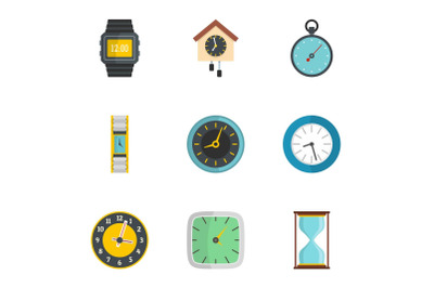 Wall clock icons set, flat style