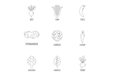 Healthy vegetable icons set, outline style