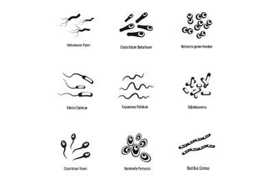 Pathogenic microorganism icons set, simple style