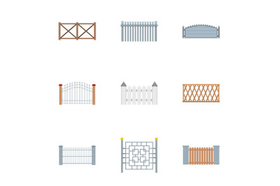 Fencing icons set, flat style