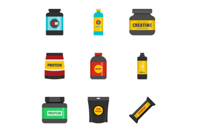 Sport nutrition icons set, flat style