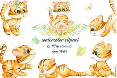 Cute Little Tiger poses clipart with watercolor illustration