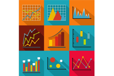Economic research icons set, flat style
