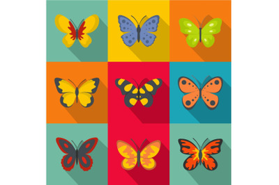 Types of butterflies icons set, flat style