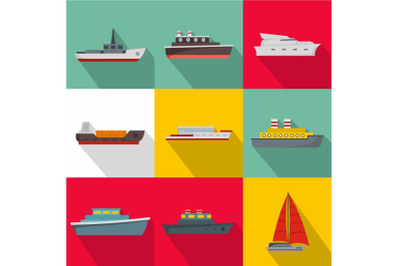 Sea vessel icons set, flat style