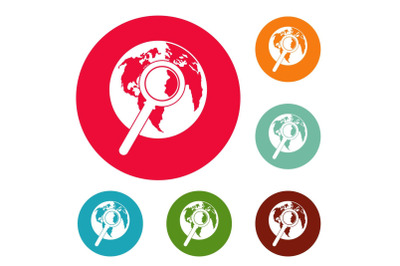 Magnifier on earth icons circle set vector