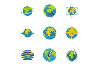 Terrestrial globe icons set, flat style