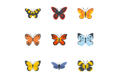 Night butterfly icons set, flat style