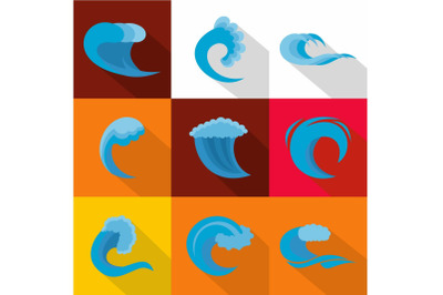Big wave icons set, flat style