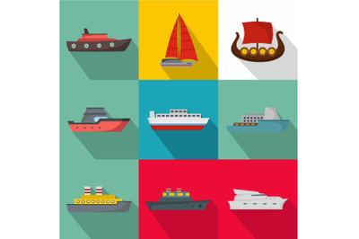 Seagoing vessel icons set, flat style