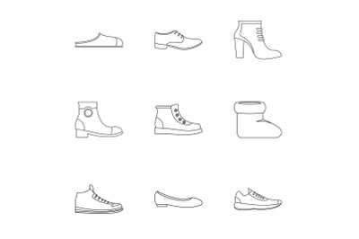 Designer shoes icons set, outline style