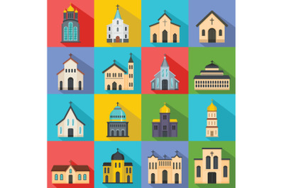 Church building icons set, flat style