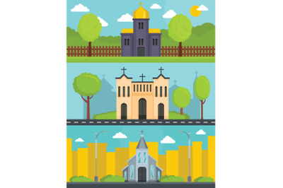 Church building banner concept set, flat style