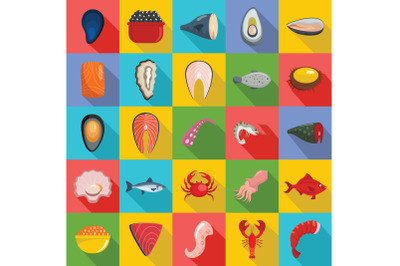 Seafood fresh fish food icons set, flat style