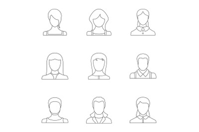 Physiognomy face icons set, outline style