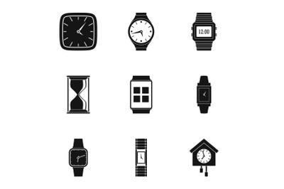 Timepiece icons set, simple style