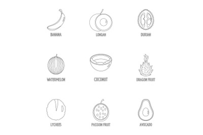 Sweet fruit icons set, outline style