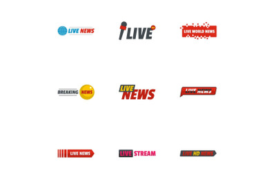 News broadcast icons set, flat style