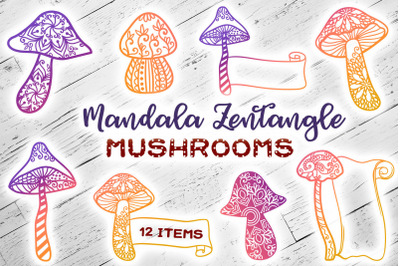 Mandala Zentangle Mushrooms - 12 SVG items