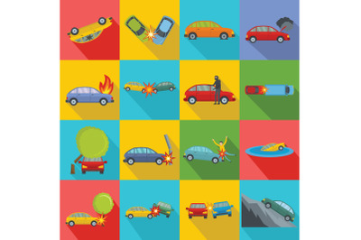 Accident car crash case icons set, flat style