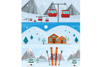 Resort hotel winter banner concept set, flat style