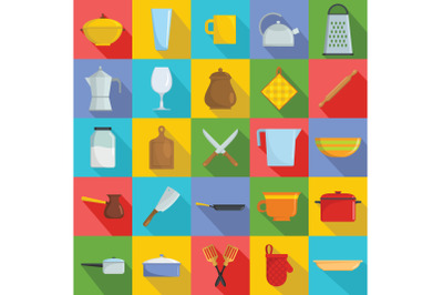 Kitchenware tools cook icons set, flat style