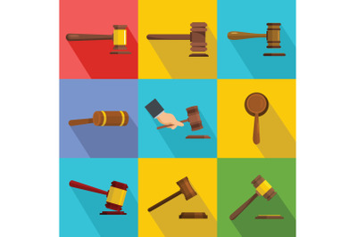 Judge hammer icons set, flat style