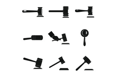 Judge hammer icons set, simple style