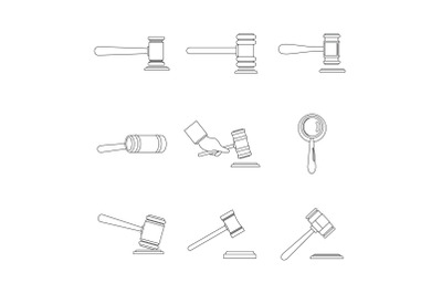 Judge hammer icons set, outline style