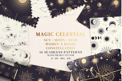Celestial Seamless Pattern. Sun, Moon, Star, Constellation