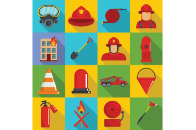 Fire fighter icons set, flat style