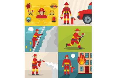 Fire fighter banner concept set, flat style