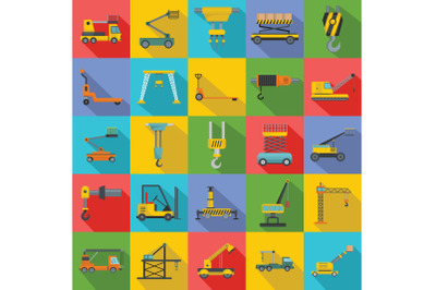 Lifting machine icons set, flat style