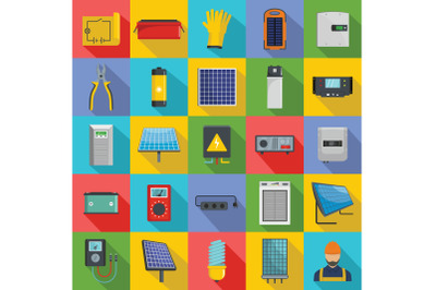 Solar energy equipment icons set, flat style