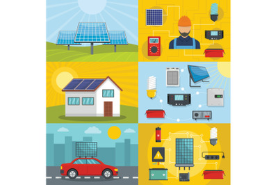 Solar energy tools banner concept set, flat style