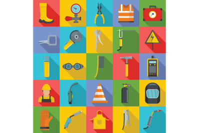 Welder equipment icons set, flat style