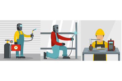 Welder worker banner concept set, flat style