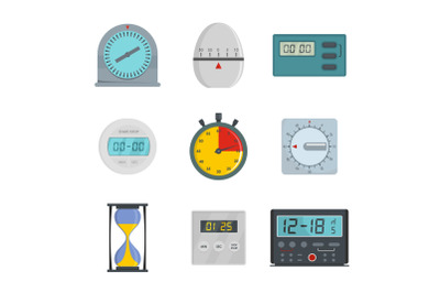 Kitchen timer icons set, flat style
