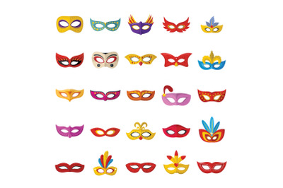 Carnival mask venetian icons set, flat style