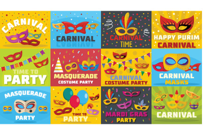 Carnival mask banner concept set, flat style