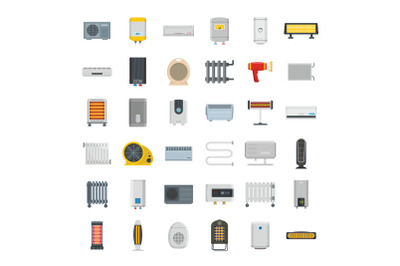 Electric heater device icons set, flat style