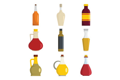 Vinegar bottle icons set, flat style