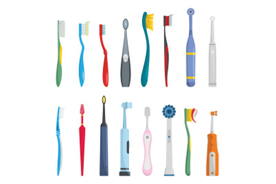 Toothbrush dental icons set, flat style