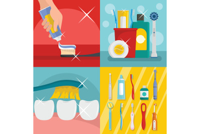 Toothbrush dental banner concept set, flat style