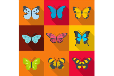 Forest butterfly icons set, flat style