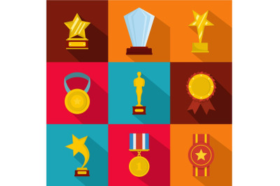 Glory award icons set, flat style