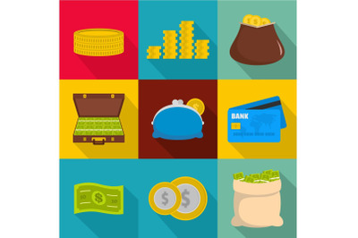 Money stockpile icons set, flat style