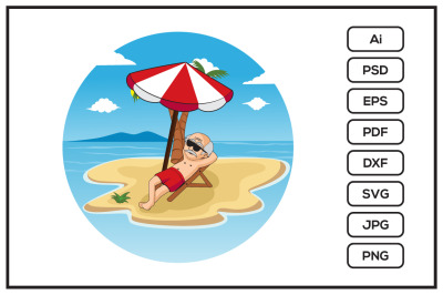 Cartoon of oldman relaxing on the beach design illustration