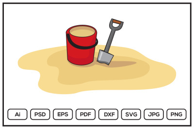 Bucket sands with shovel on the beach design illustration