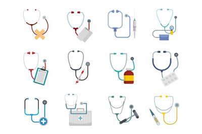 Phonendoscope stethoscope icons set, flat style